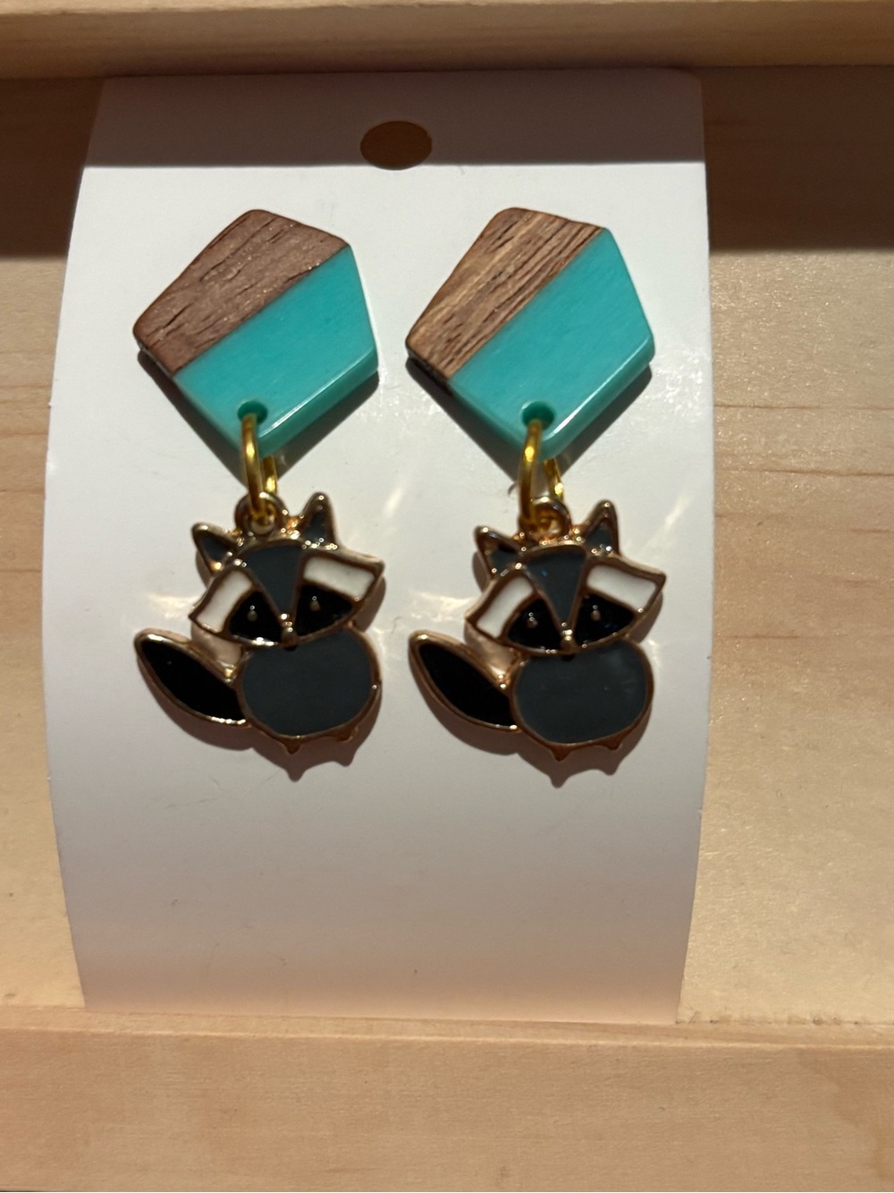 Handmade Gold-Tone Raccoon Drop Earrings with Teal and Wood Accents